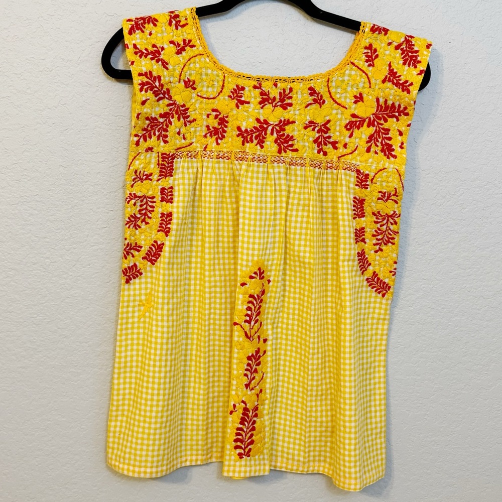 Mi Golondrina Yellow Red Mexican Embroidered Blouse XS Fiesta